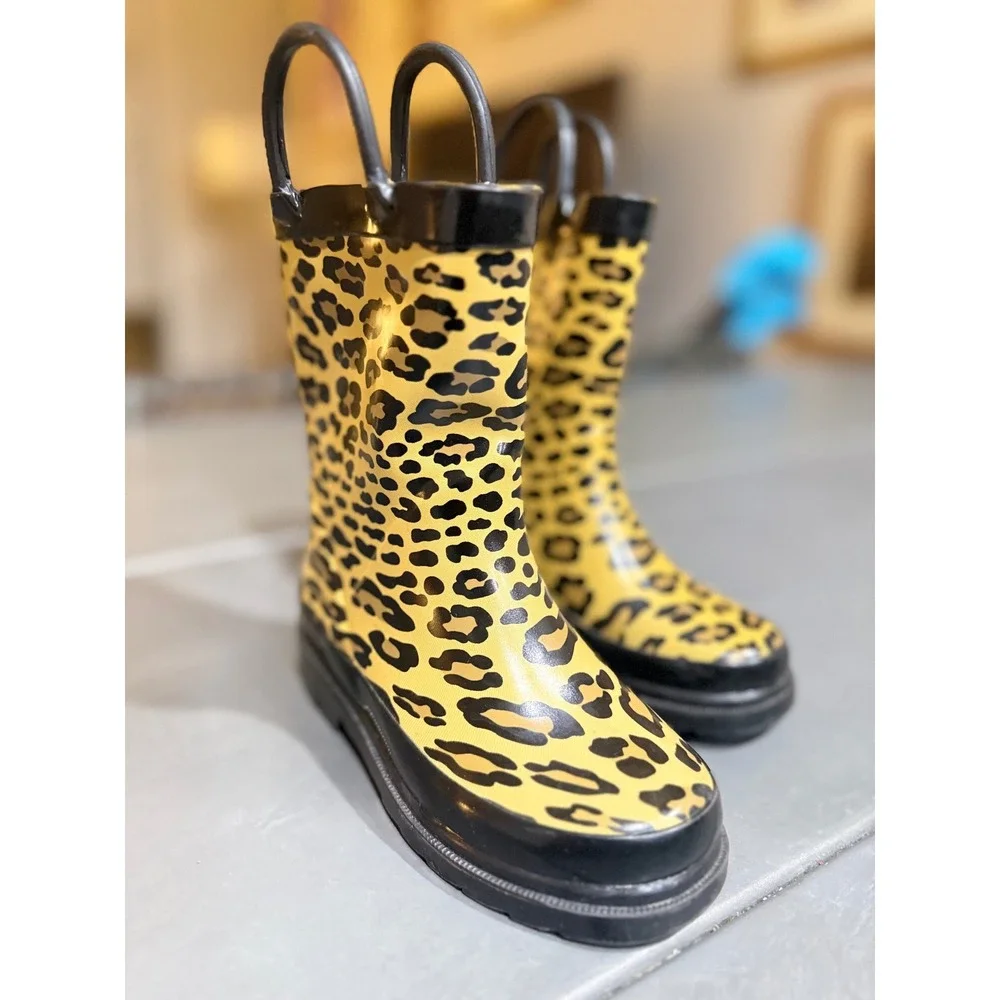 Vintage Western Chief Kids Leopard Print Rain Boots Yellow Pull Handles Size 9